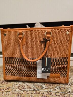NWT Chiara Ferretti Orange Woven Raffia Leather Tote Italy